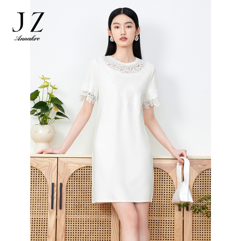 11006645.JZ玖姿棉混纺蕾丝拼接连衣裙女装夏季轻熟优雅连衣裙