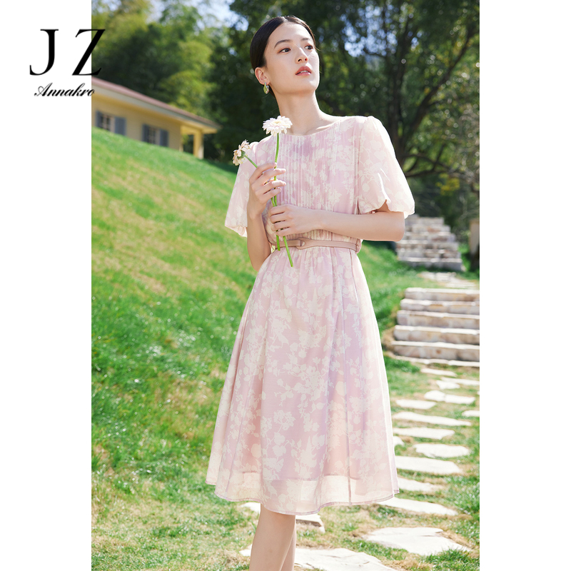 11006178.JZ玖姿几何印花短袖连衣裙女装2023夏季新款休闲欧根纱拼色裙子