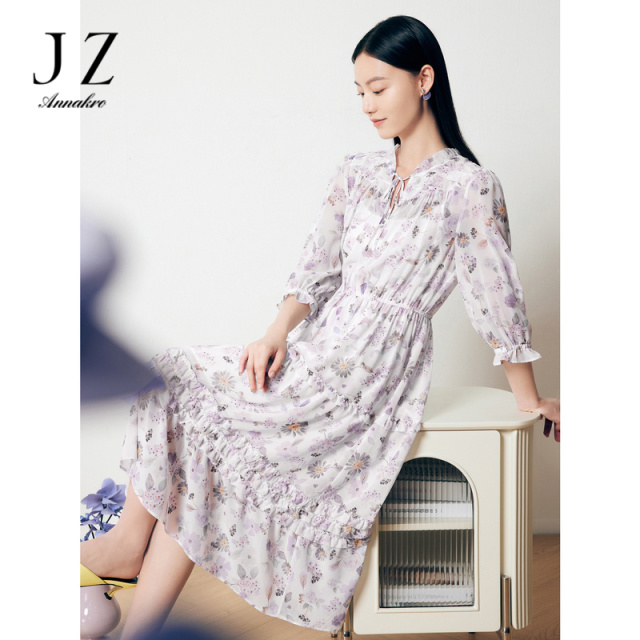 11007118.JZ玖姿浪漫轻熟风木耳边宽松版雪纺两件套连衣裙女装2023夏季新款