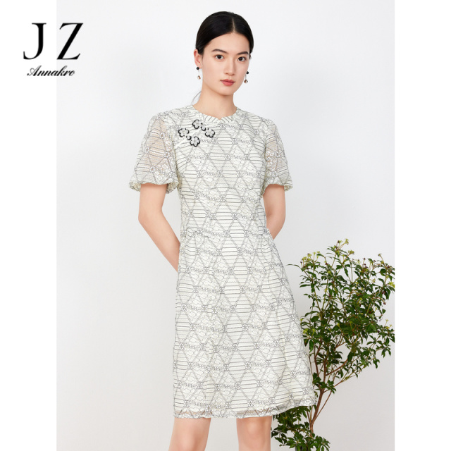 11006183.JZ玖姿新中式蕾丝亮片旗袍女装2023夏季新款国风盘扣连衣裙