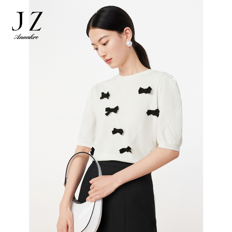 11006188.JZ玖姿轻熟法式直筒宽松格纹蝴蝶结针织套头毛衫女2023夏季新款