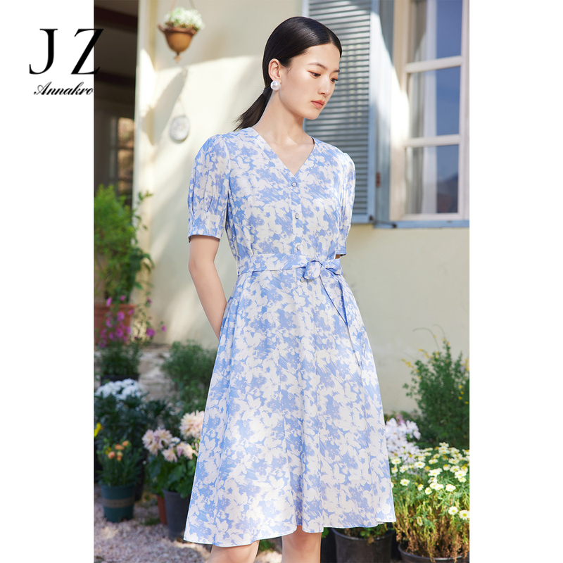 11006733.JZ玖姿及踝连衣裙女装2023夏季新款V领耸肩袖腰带短袖裙子蓝色