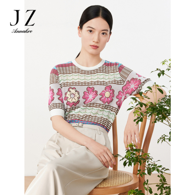 11006181.JZ玖姿轻熟休闲风直筒宽松镂空针织短袖套头毛衫女2023夏季新款