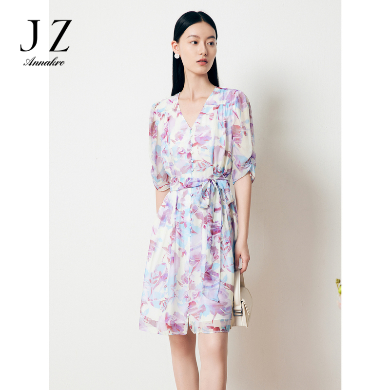 11007281.JZ玖姿洋气轻熟风V领印花泡泡袖收腰中长款连衣裙女2023夏季新款