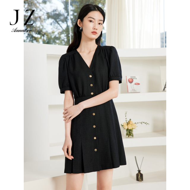 11006738.JZ玖姿洋气小香风V领收腰花纱中长款连衣裙2023春夏季新款