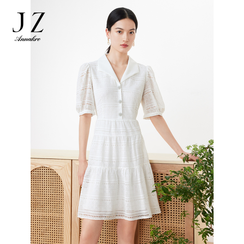11006648.JZ玖姿中长款连衣裙女装2023夏季新款镂空绣花钻饰扣收腰裙子白色