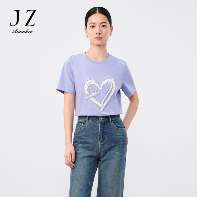 11004871.玖姿安娜蔻清新感甜心珍珠钉珠字母刺绣棉宽松T恤女2024夏季新款
