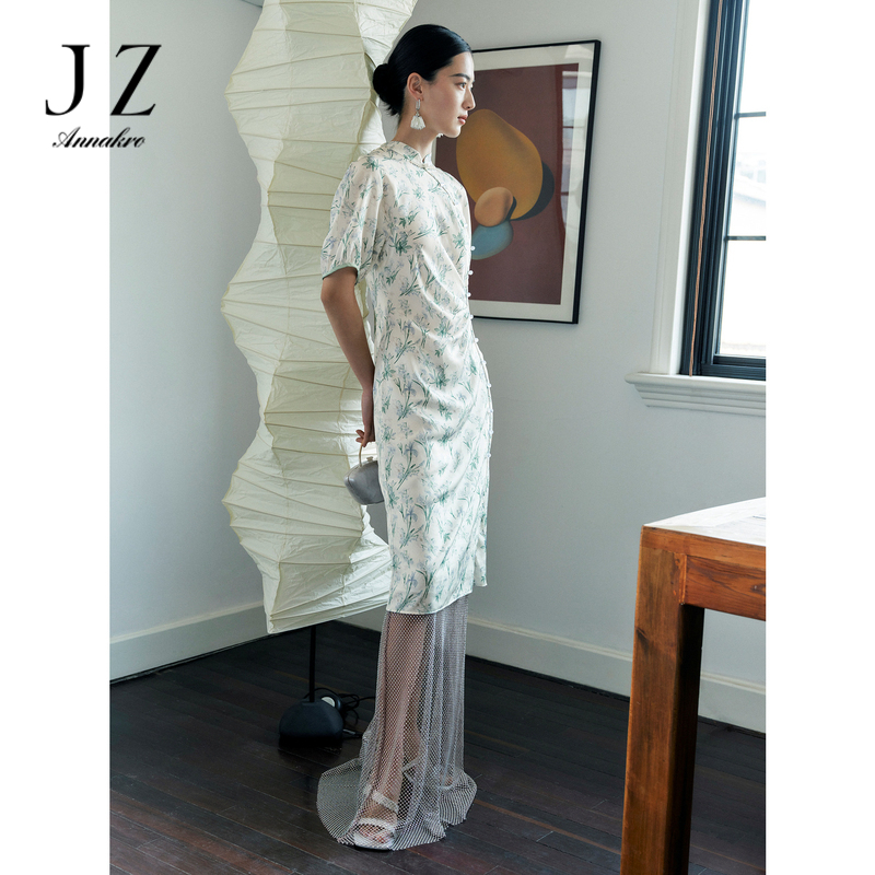 11006203.JZ玖姿花卉缎面短袖连衣裙女装夏季中国风旗袍裙子绿色