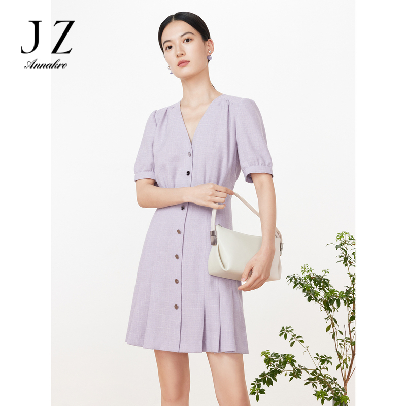 11006738.JZ玖姿洋气小香风V领收腰花纱中长款连衣裙2023春夏季新款