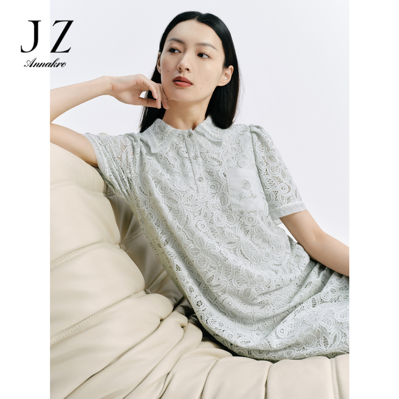 11007283.玖姿安娜蔻轻熟风衬衫领直筒蕾丝中长款连衣裙女2023夏季新款