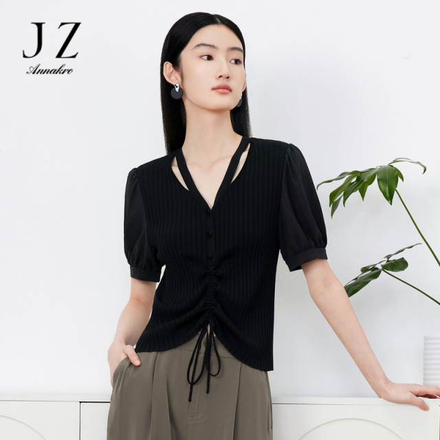 11005729.JZ玖姿假两件雪纺套头衫女装2023夏季新款肌理条纹小众镂空针织衫