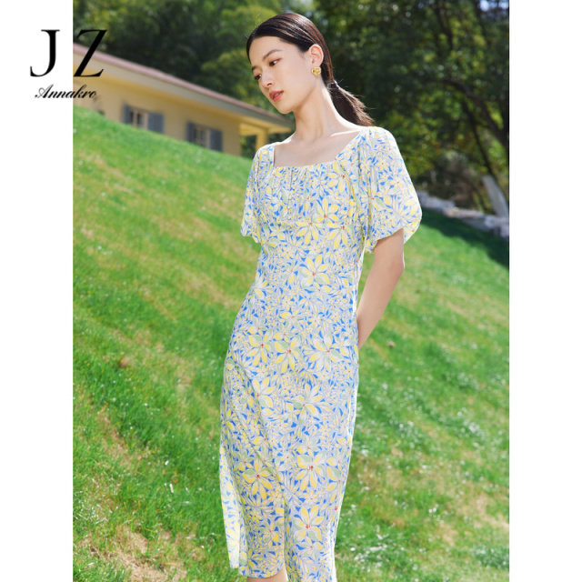 11006732.JZ玖姿短袖长款连衣裙女装2023夏季新款度假印花A摆裙子