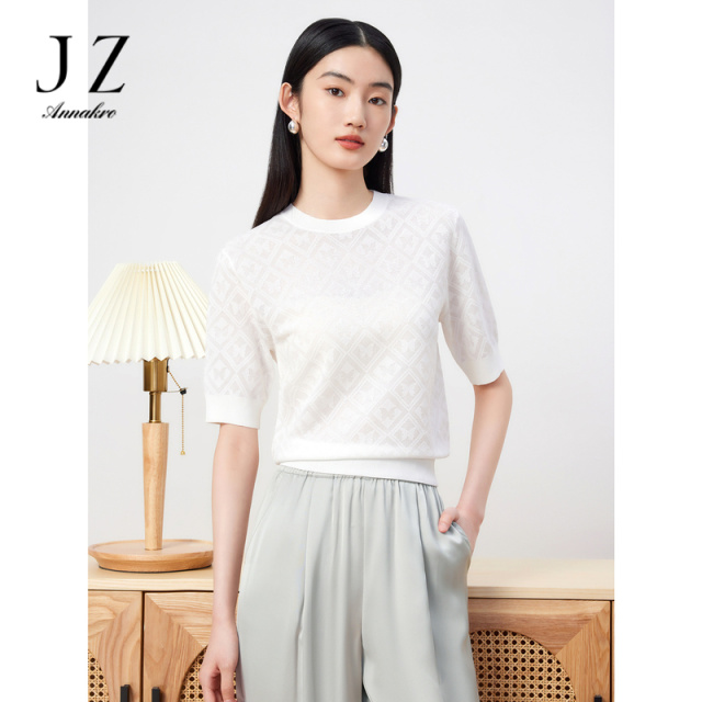 11006184.JZ玖姿短袖针织衫女装2023夏季新款简约通勤提花直筒毛衫