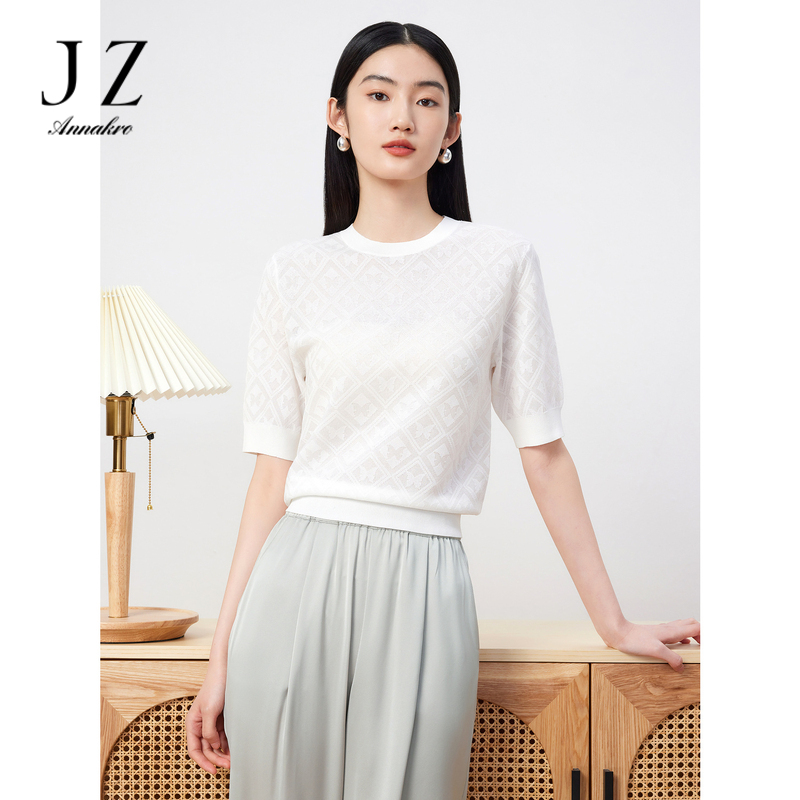 11006184.JZ玖姿短袖针织衫女装2023夏季新款简约通勤提花直筒毛衫