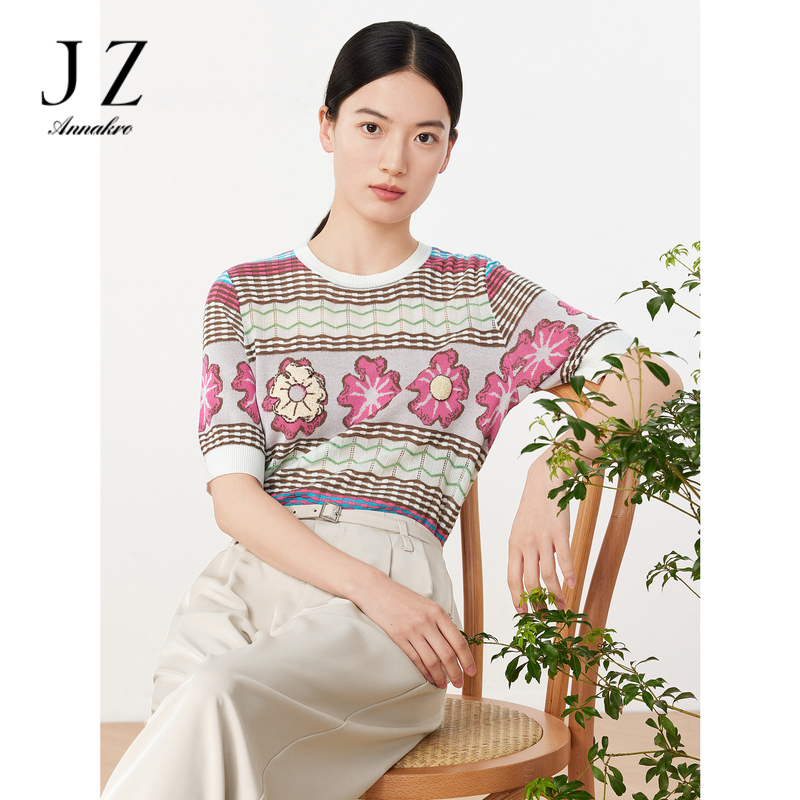 11006181.JZ玖姿轻熟休闲风直筒宽松镂空针织短袖套头毛衫女2023夏季新款