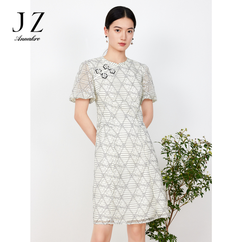 11006183.JZ玖姿新中式蕾丝亮片旗袍女装2023夏季新款国风盘扣连衣裙