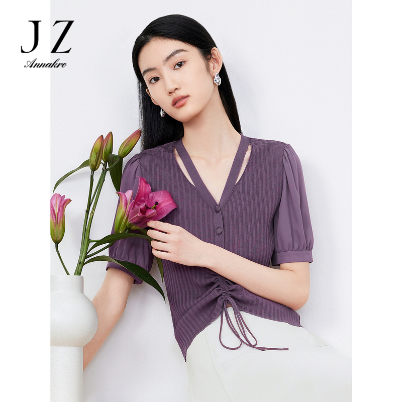 11005729.JZ玖姿假两件雪纺套头衫女装2023夏季新款肌理条纹小众镂空针织衫