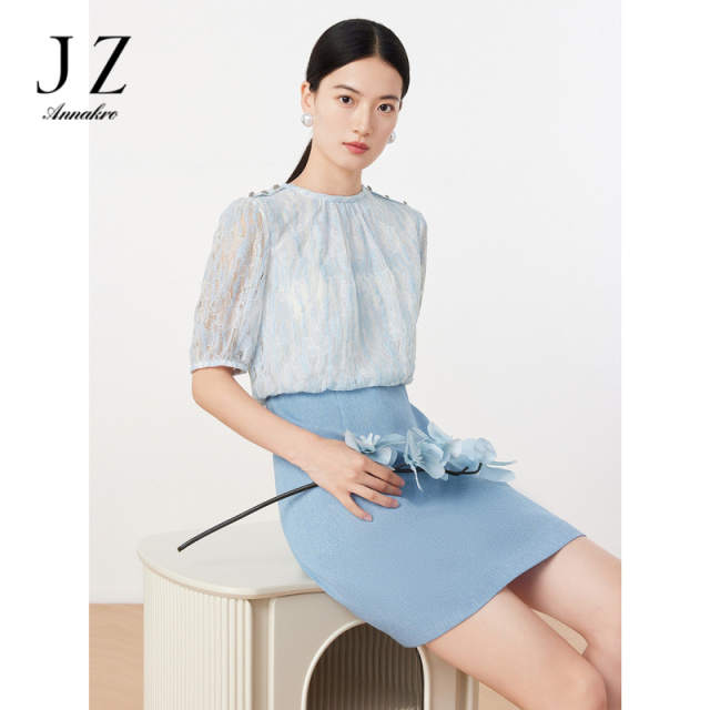11007286.JZ玖姿轻熟OL风优雅蕾丝中长款宽松假两件短袖连衣裙2023春夏新款