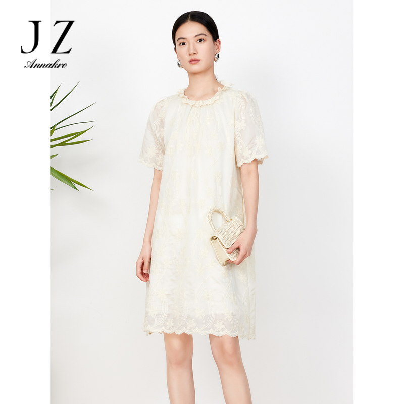 11006059.JZ玖姿花瓣领绣花连衣裙女装2023夏季新款A字裙设计感裙子