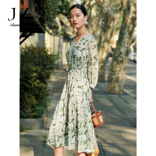 11006067.JZ玖姿国风牡丹连衣裙女装2023夏季新款修身显瘦雪纺连衣裙