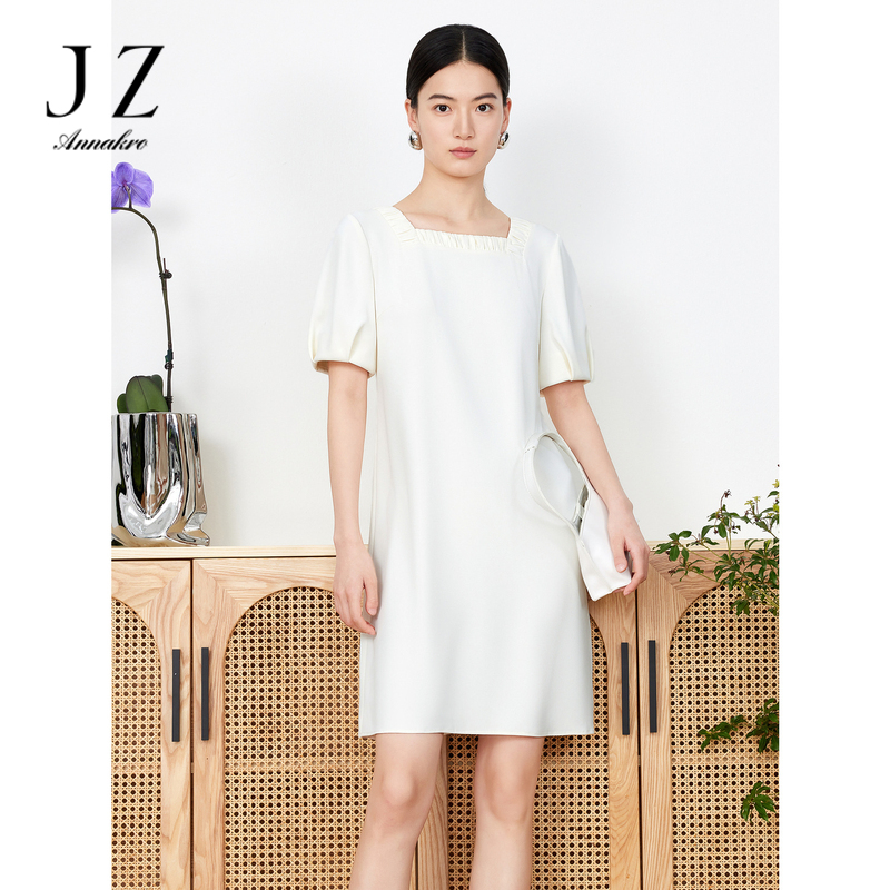 11006182.JZ玖姿法式方领雪纺连衣裙女装2023夏季新款白色宽松裙子
