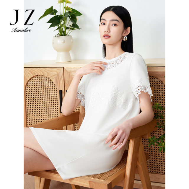 11006645.JZ玖姿棉混纺蕾丝拼接连衣裙女装夏季轻熟优雅连衣裙