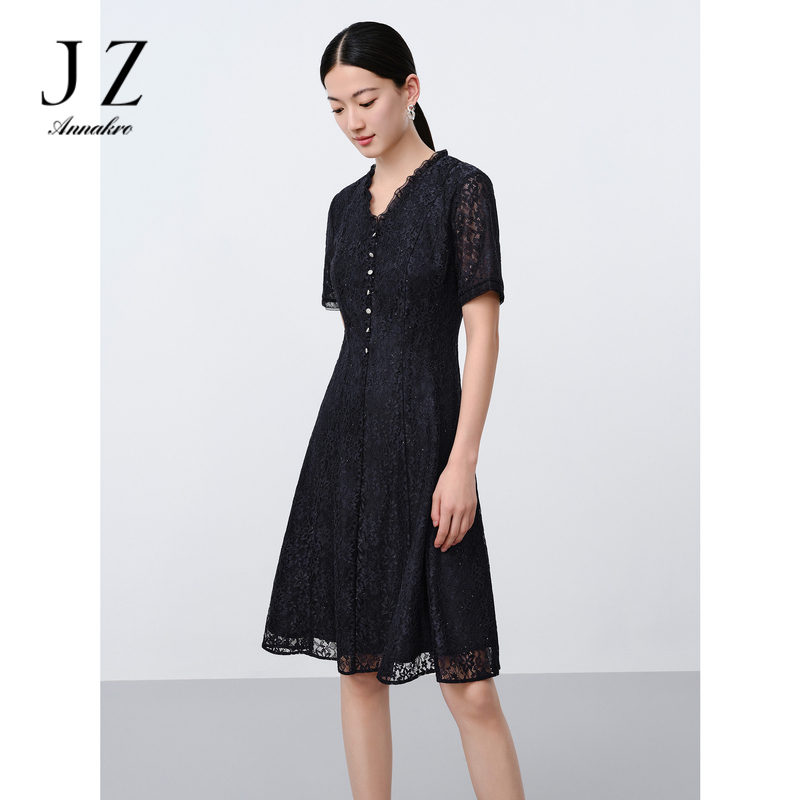 11004921.玖姿安娜蔻法式轻复古珠片蕾丝木耳边收腰连衣裙女2024夏季新款