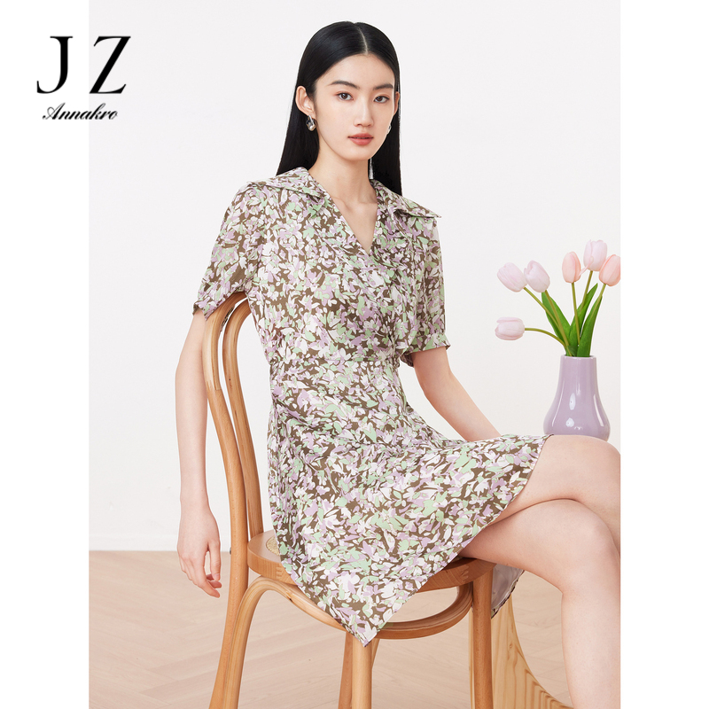 11006649.JZ玖姿几何提花短袖连衣裙女装2023夏季新款优雅收腰翻领裙子