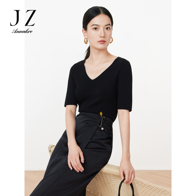 11005752.JZ玖姿坑条短袖针织衫女装2023夏季新款三醋酸修身套头T恤红色