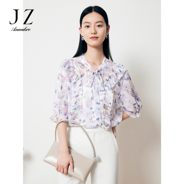 11009283.JZ玖姿轻熟优雅风粉紫色印花宽松雪纺一手长套头衫女2023夏季新款