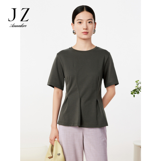 11009451.JZ玖姿洋气轻熟复古风收腰天丝短袖T恤纯色上衣女装2023夏季新款