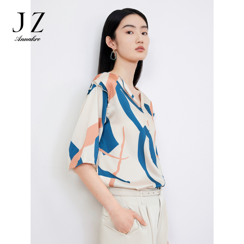 11009280.JZ玖姿印花衬衫女装2023夏季新款OL风几何彩色T恤
