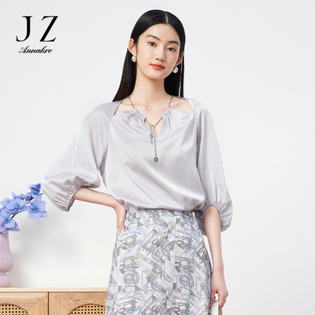 11009421.JZ玖姿宽松T恤女装2023夏季新款轻松感大码上衣胖mm花卉雪纺衫