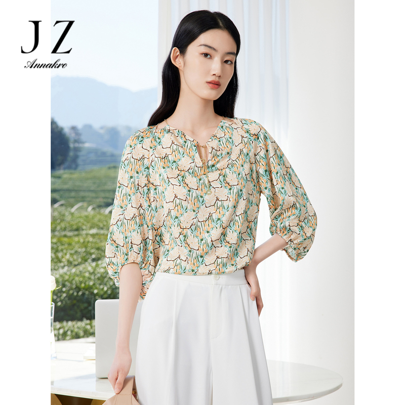 11009421.JZ玖姿宽松T恤女装2023夏季新款轻松感大码上衣胖mm花卉雪纺衫