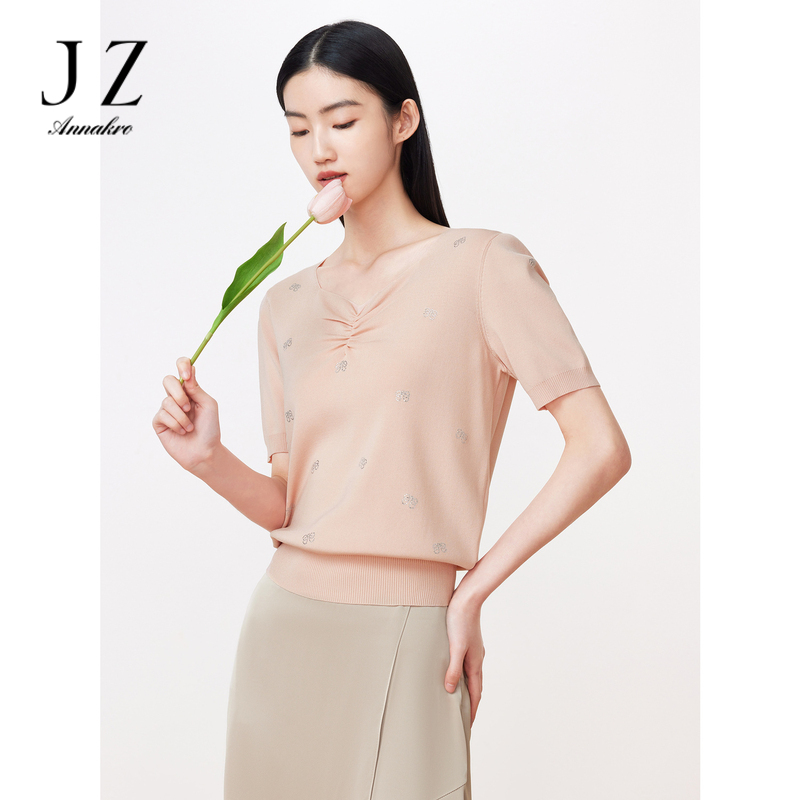 11009457.JZ玖姿商场同款通勤OL风套头短袖针织衫女2024夏季新款JWDX31213