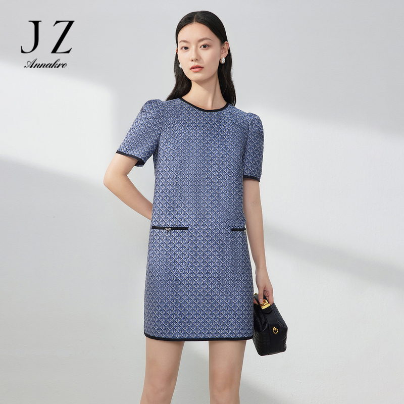 11009835.JZ玖姿几何提花连衣裙女装2023春季新款小个子仿牛仔裙子蓝色