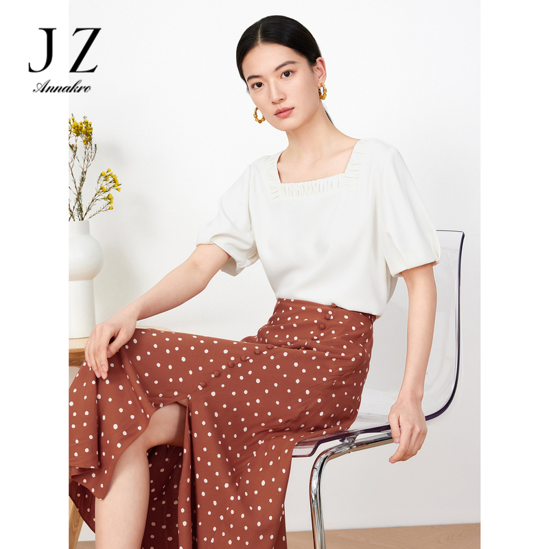 11009281.JZ玖姿法式方领雪纺衫女装2023夏季新款白色短袖上衣