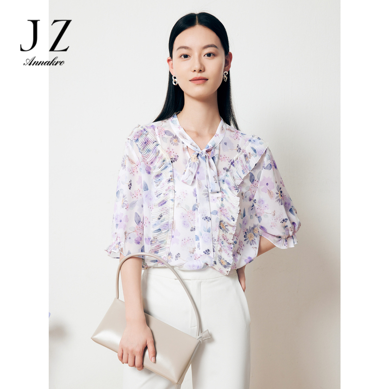 11009283.JZ玖姿轻熟优雅风粉紫色印花宽松雪纺一手长套头衫女2023夏季新款