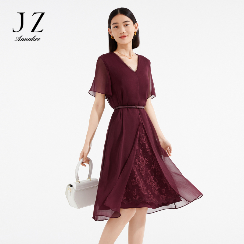 11014738.JZ玖姿商场同款雪纺V领连衣裙女装2023夏季新款酒红裙子JWCX50133
