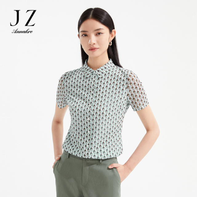 11014853.商场同款JZ玖姿清新浪漫印花T恤衬衫女2024夏季新款JWCX60209