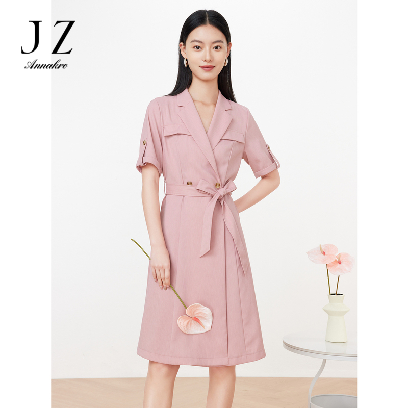 11013532.JZ玖姿通勤衬衫连衣裙女装2023夏季新款优雅系带收腰衬衫裙粉色