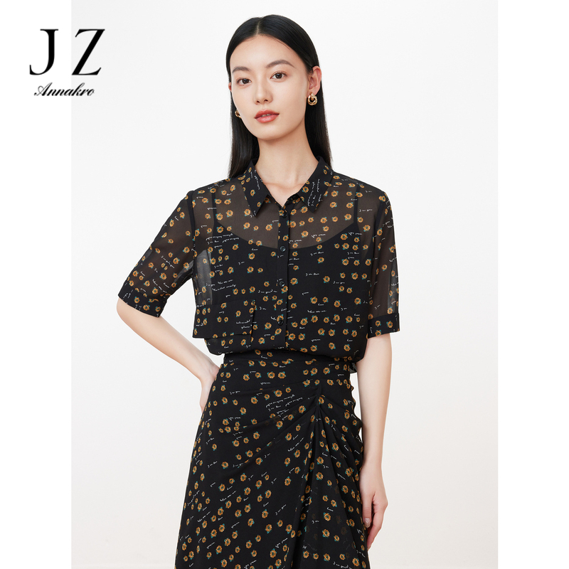 11014736.JZ玖姿花朵印花短袖衬衫女装2023夏季新款雪纺轻盈感碎花黑色上衣