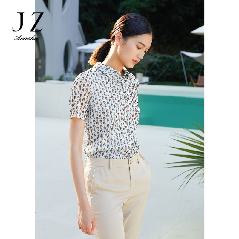 11014853.商场同款JZ玖姿清新浪漫印花T恤衬衫女2024夏季新款JWCX60209