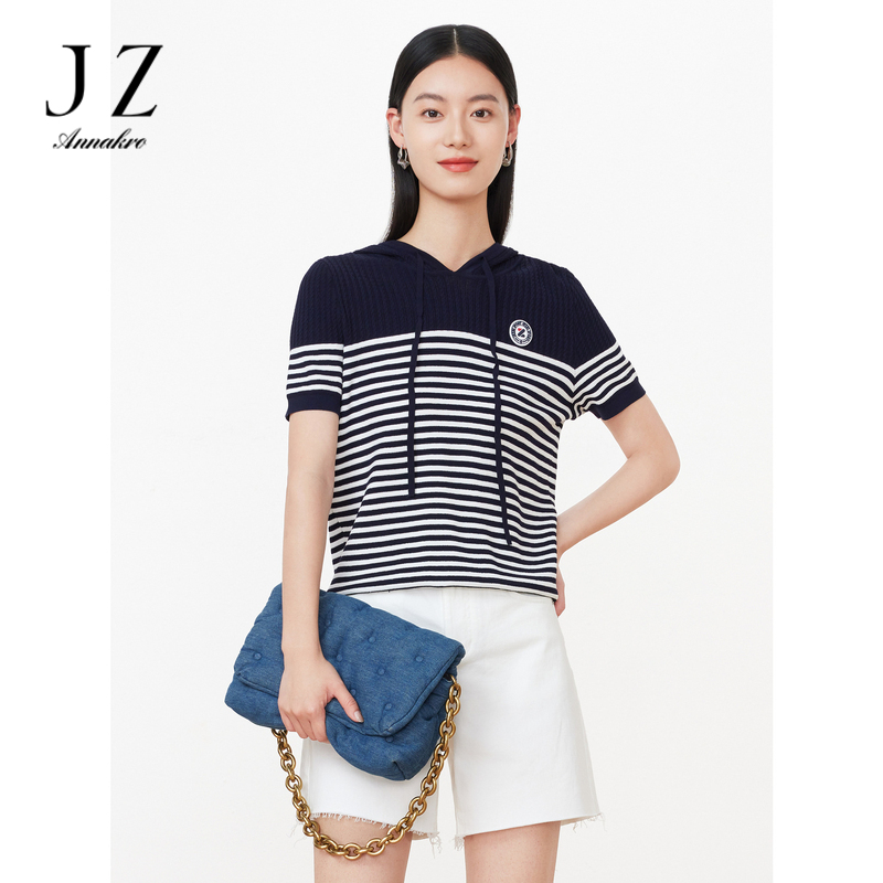 11013633.JZ玖姿商场同款条纹连帽衫女装2023夏季新款针织衫上衣JWCX31260