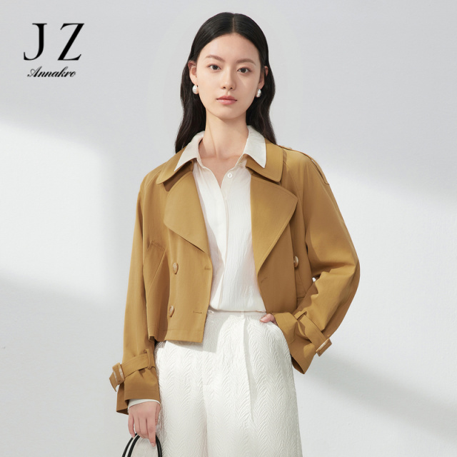 11015085.JZ玖姿韩系截短式风衣女装2022冬季新款户外休闲通勤外套黄色
