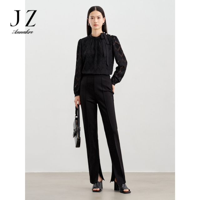 11018634.玖姿安娜蔻简约通勤风松紧腰开叉锥形裤休闲裤女2024春季新款