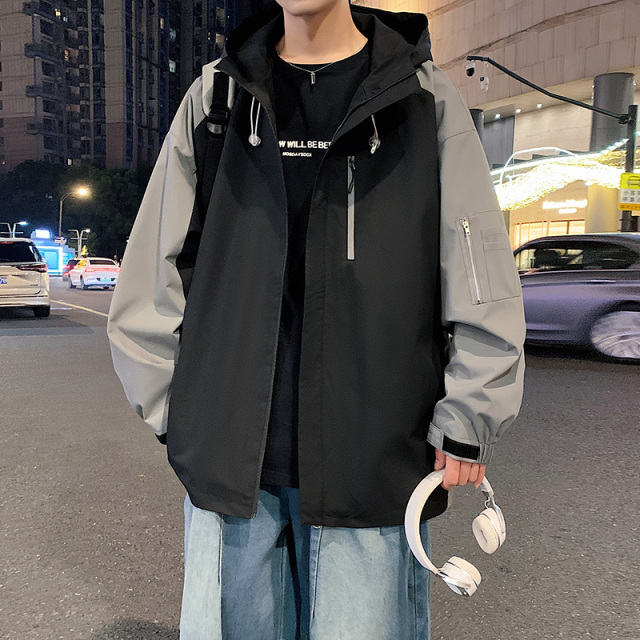11044696.季婕春秋新款男款冲锋外套美式户外插肩工装连帽夹克【季婕男装1】