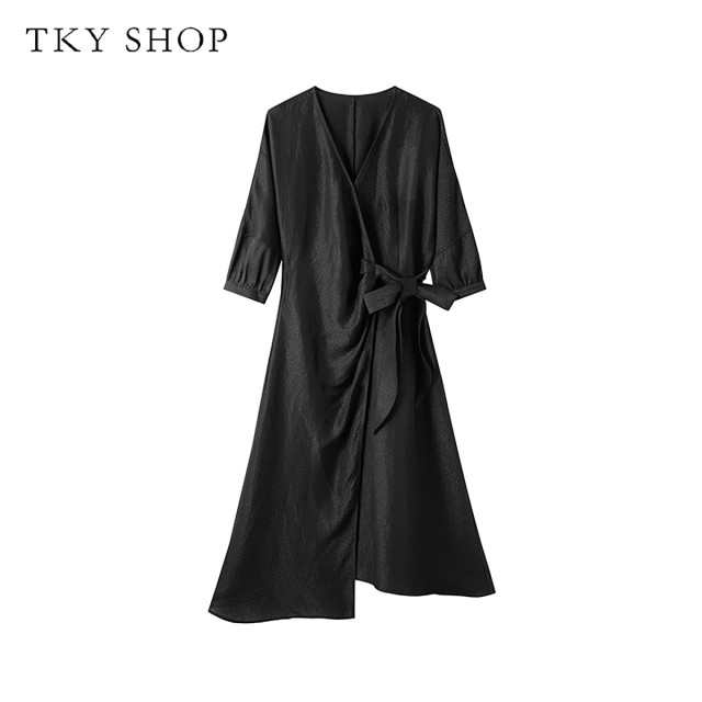 11049166.TKY SHOP V领围裹中袖侧面系带连衣裙2024年夏季款