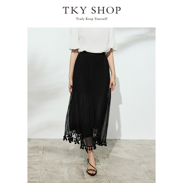 11049206.TKY SHOP 透视感褶皱流苏中长裙2024年夏季款