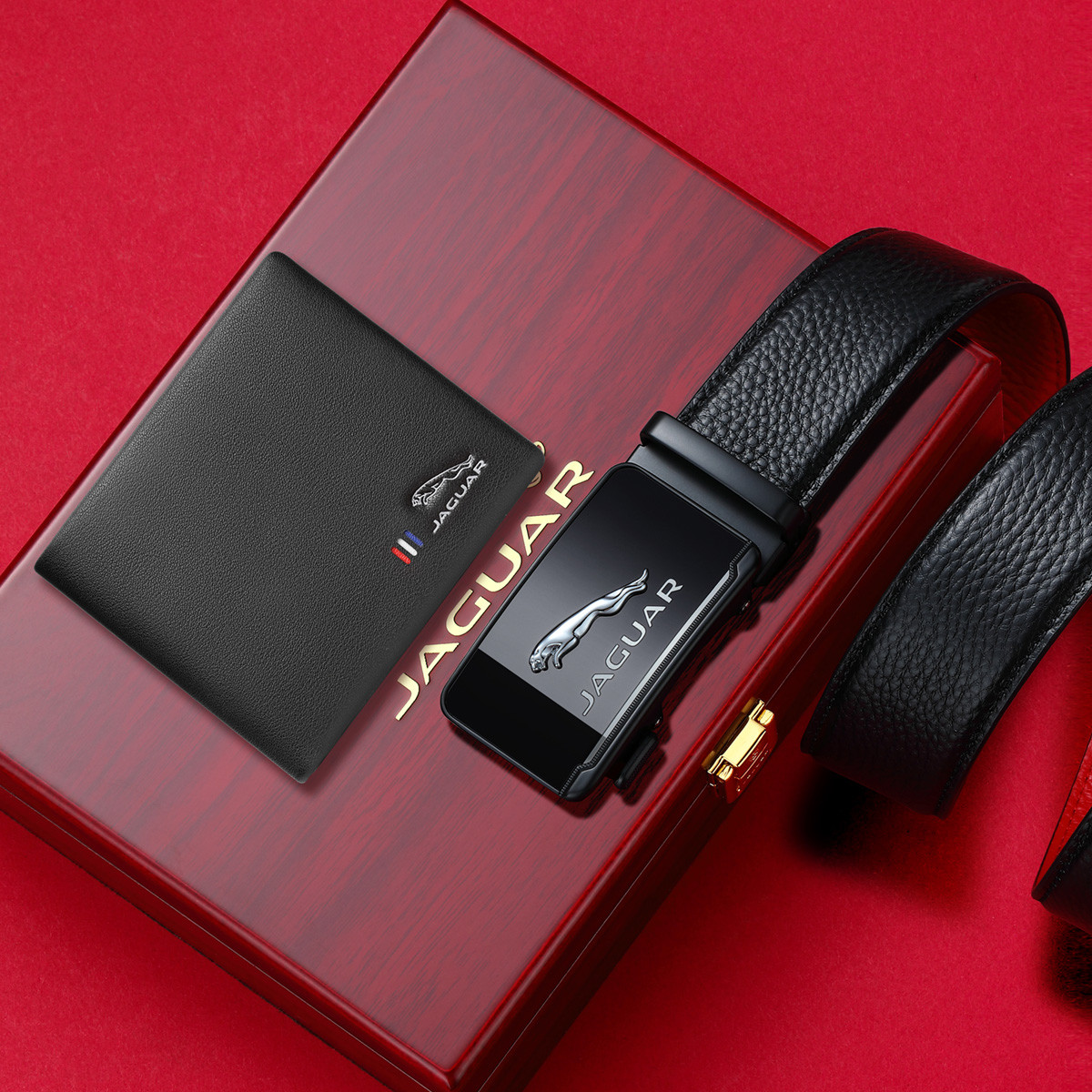 11159886.捷豹男士皮带本命年红底牛皮自动扣腰带钱包裤带套装生日/情人节礼物